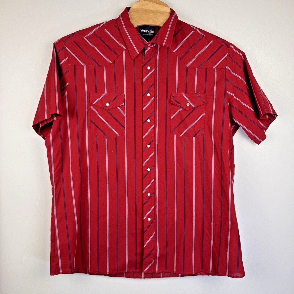 Wrangler Western Shirt Men's 2XLT Red Black Striped Pearl Snaps Short Sleeve - Picture 2 of 6